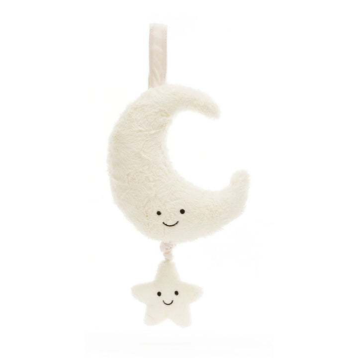 Front view of the Jellycat Amuseables Moon Musical Pull with a smiling cream crescent moon, soft plush texture, hanging strap and smiling star pull.