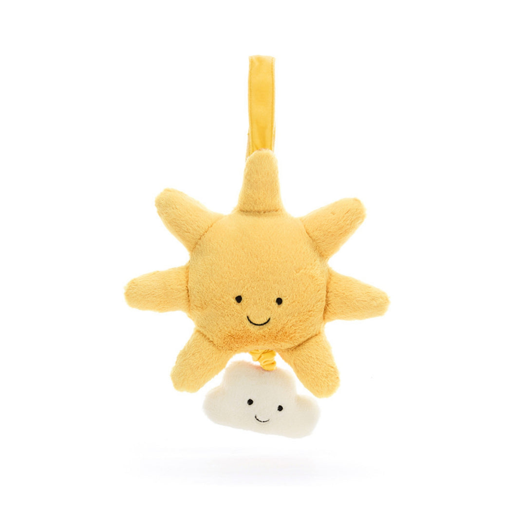 Front view of the Jellycat Amuseables Sun Musical Pull featuring a smiling yellow plush sun, soft radiating rays, hanging loop and a smiling cream cloud pull.