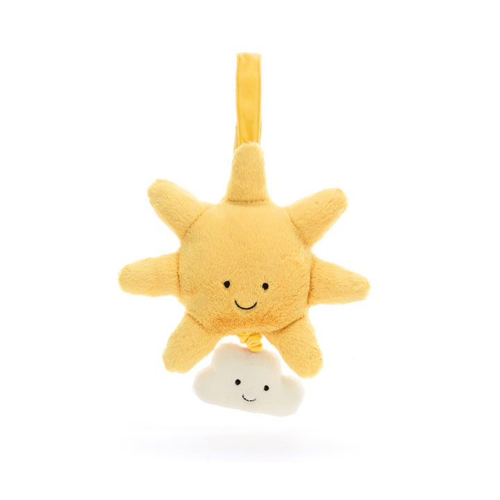 Front view of the Jellycat Amuseables Sun Musical Pull featuring a smiling yellow plush sun, soft radiating rays, hanging loop and a smiling cream cloud pull.