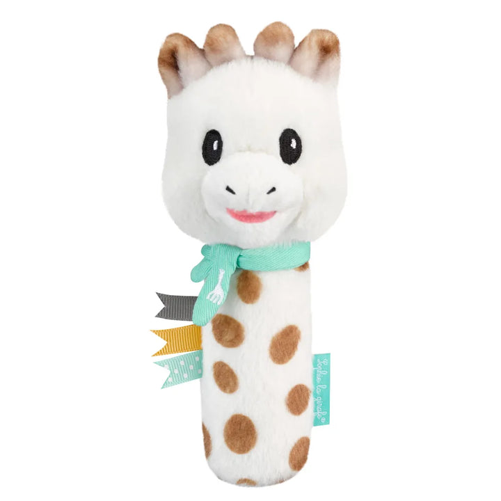 Sophie la girafe Pouet Rattle Soft Baby Toy with Colourful Tags and Mint Scarf