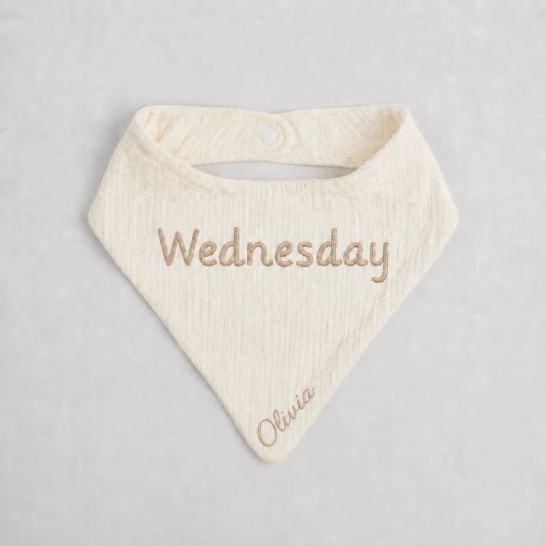 Baby bib with 'Wednesday' and 'Olivia' embroidered 