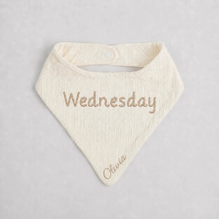 Baby bib with 'Wednesday' and 'Olivia' embroidered 