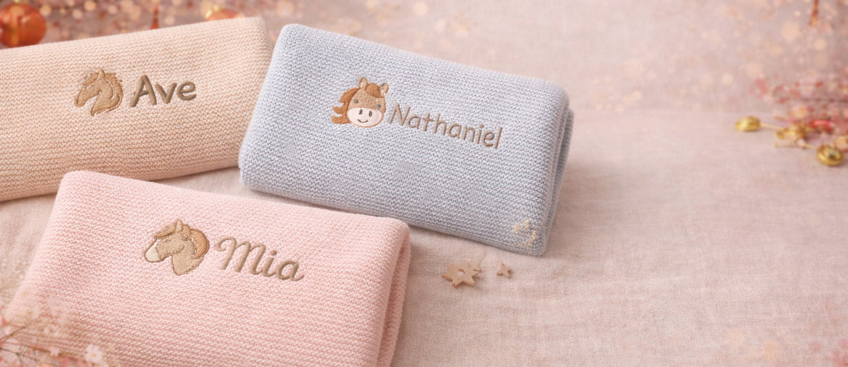Three baby blankets with embroidered names and horses on a soft pink background