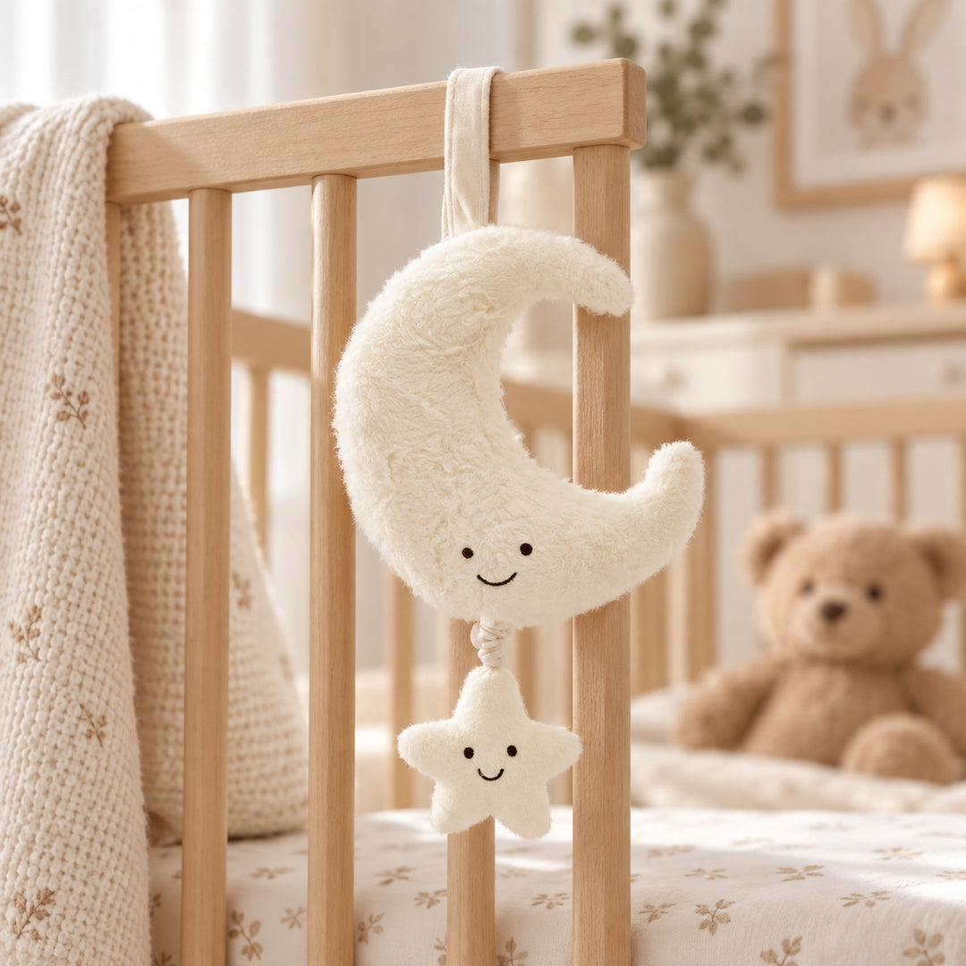 Cream moon and star musical pull hanging from a natural wooden cot in a softly lit neutral nursery, with a knitted blanket and teddy bear in the background.