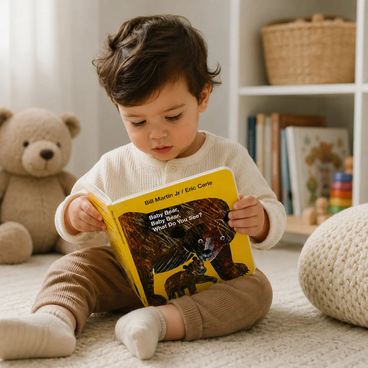 Toddler reading Baby Bear, Baby Bear, What Do You See? by Eric Carle in a cosy nursery reading corner.