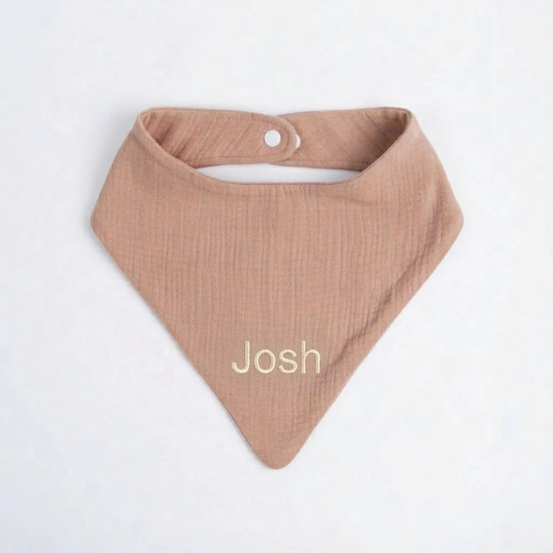Brown baby bib with 'Josh' embroidered in Cream thread
