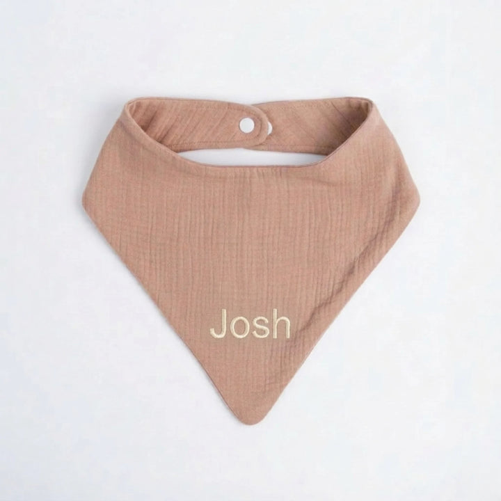 Brown baby bib with 'Josh' embroidered in Cream thread