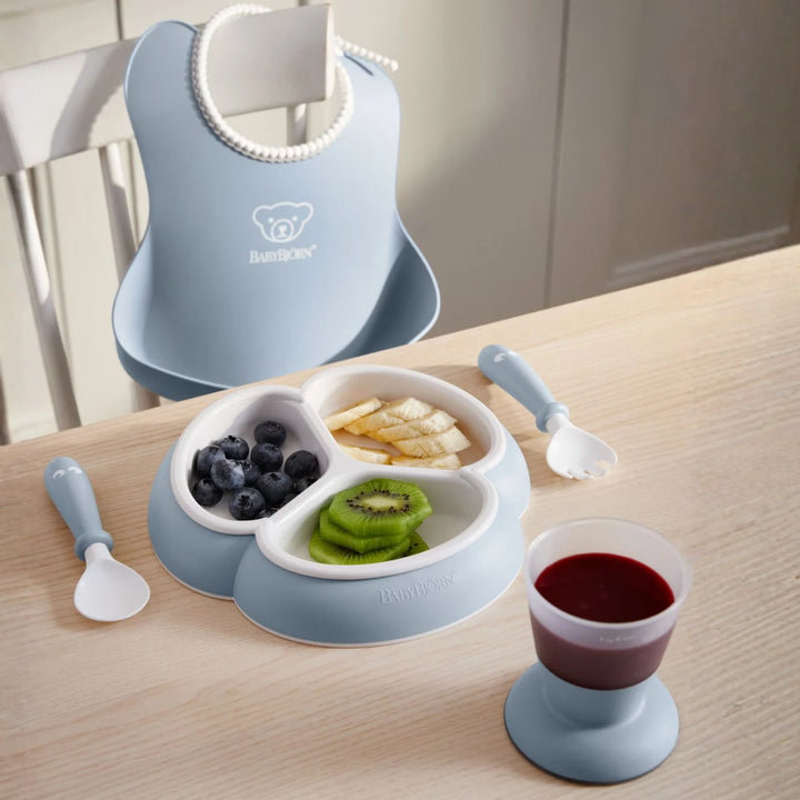 Minimalist Scandinavian-style BabyBjörn feeding set for babies.