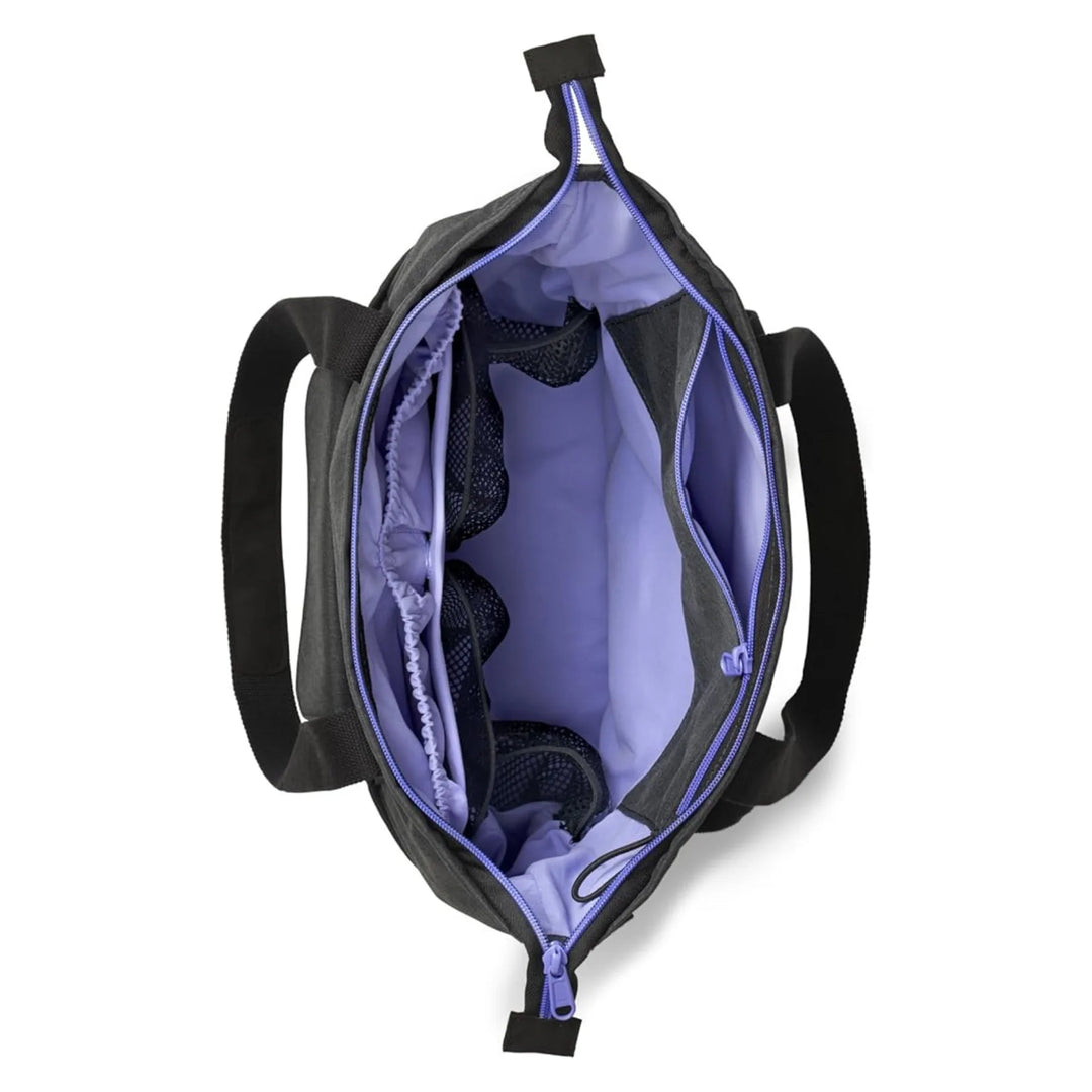 BabyBjörn SoFo grey/lavender diaper bag with multiple compartments.