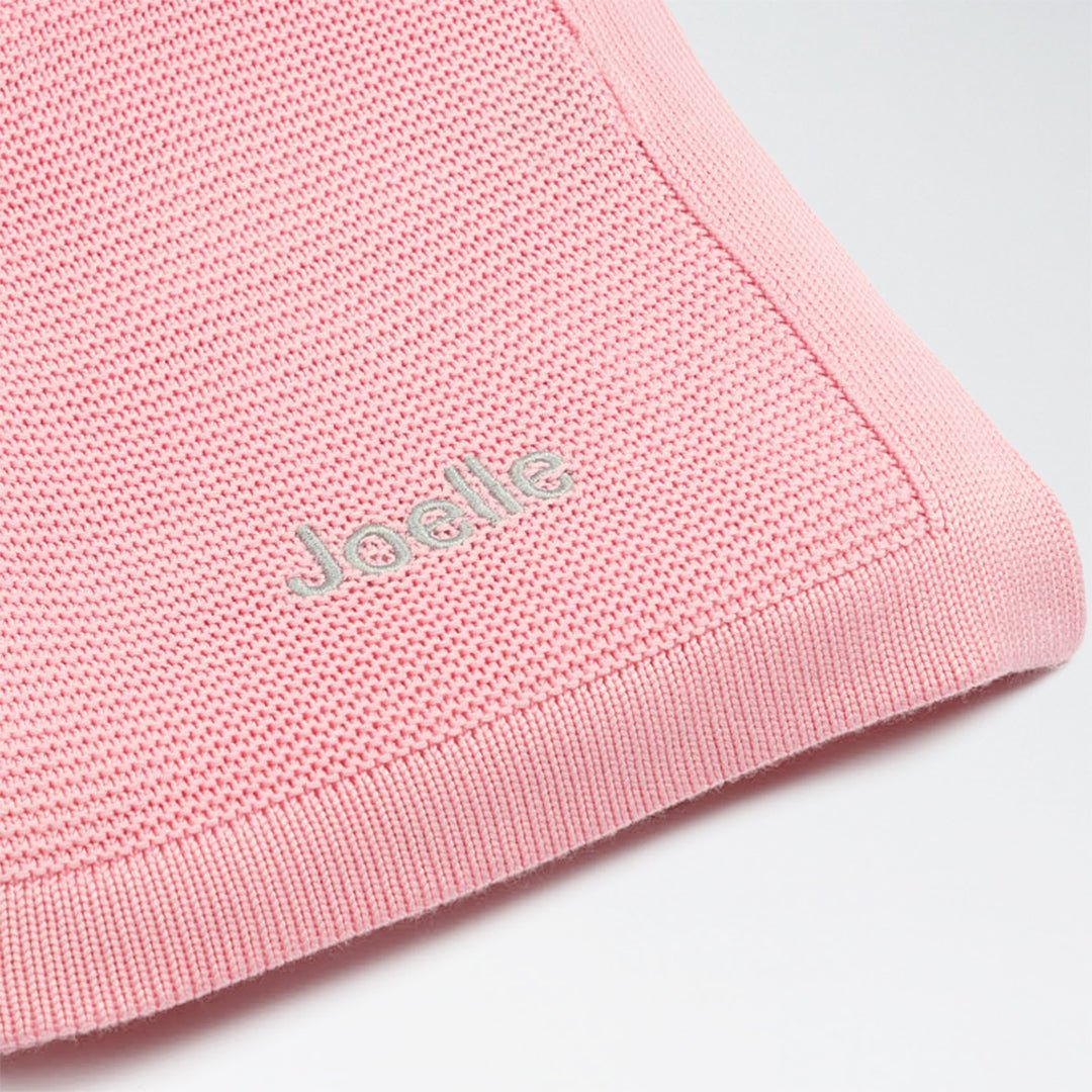 Pink Bamboo Blanket customised with "Joelle" in Grey Thread 