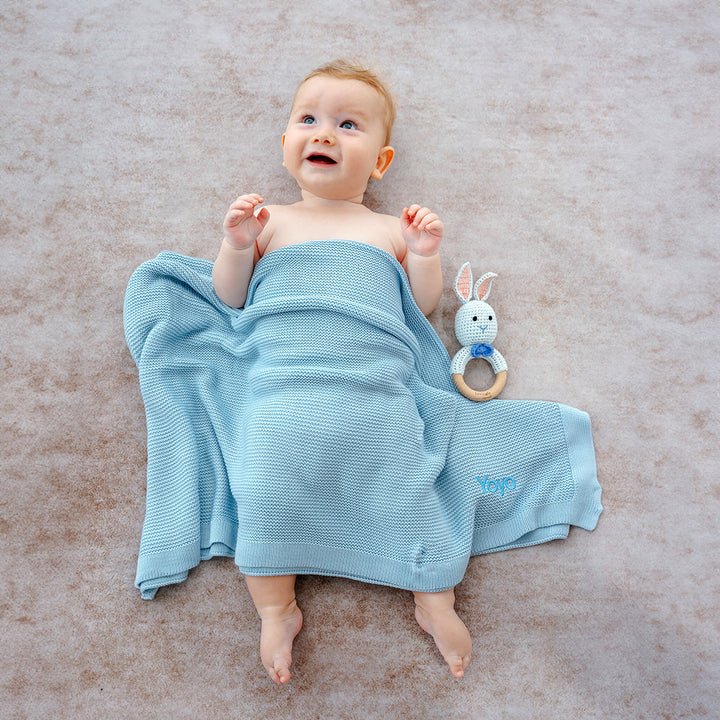 Baby Boy using Personalised Blue Bamboo Cellular Blanket