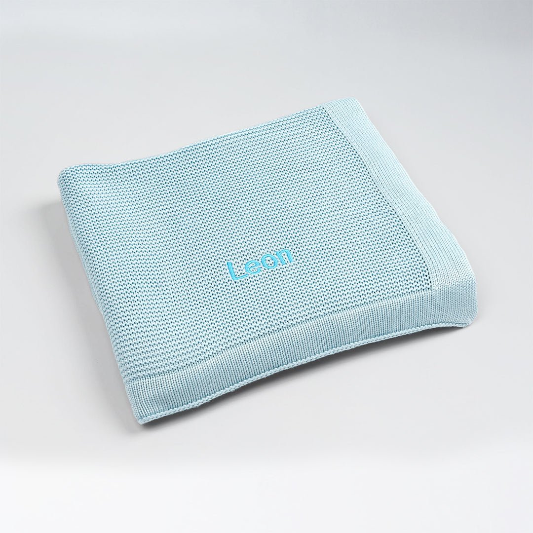 Personalised Blue Bamboo Blanket with "Leon" customised in Blue Thread