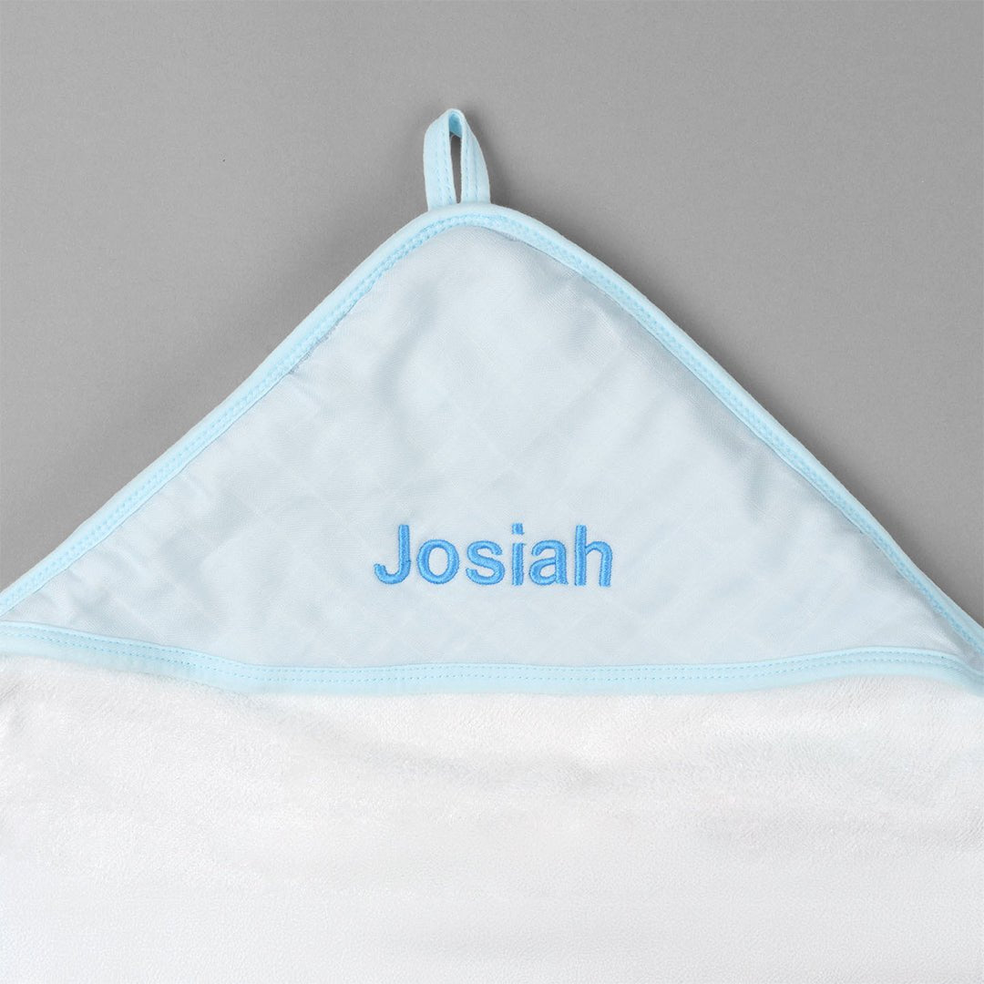 Blue Bamboo Hooded Towel Personalised with "Josiah" in Blue Thread