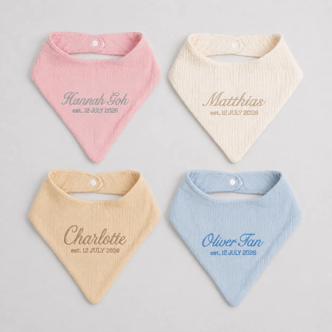 Personalised baby bib collection in pink, cream, beige and blue with embroidered names and birth dates
