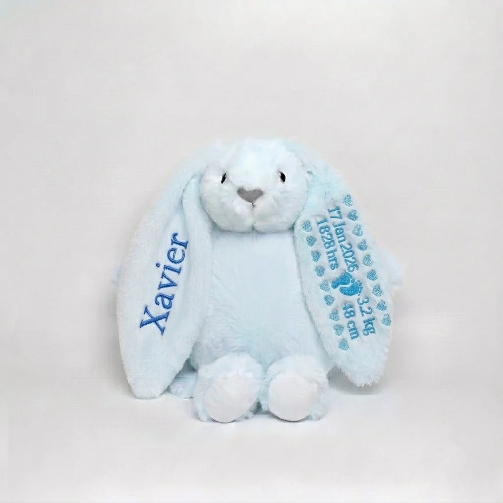 Custom baby bunny soft toy with embroidered name, DOB, birth time, weight and height on ears