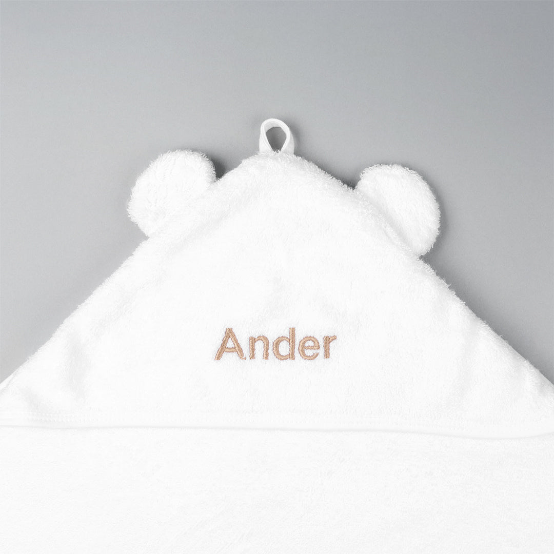 Personalised Bamboo Hooded Towel with Ears with "Ander" in Beige thread