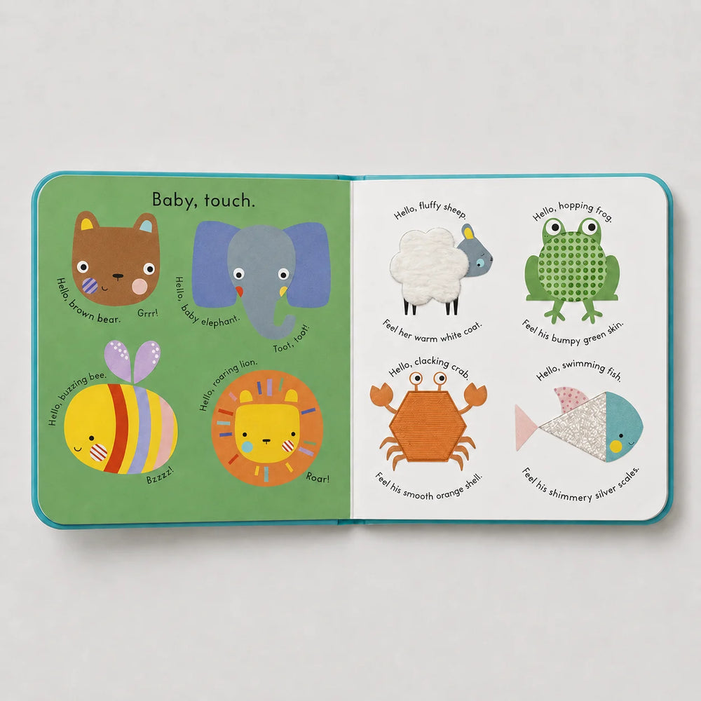 Children's book with colorful animal illustrations and sensory touch on a white background