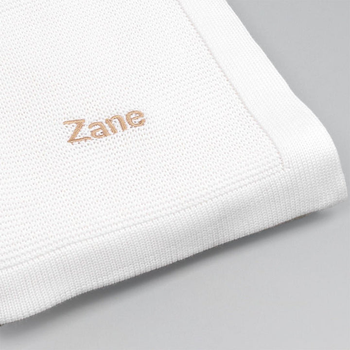 White Bamboo Cellular Blanket with "Zane" embroidered in Beige thread