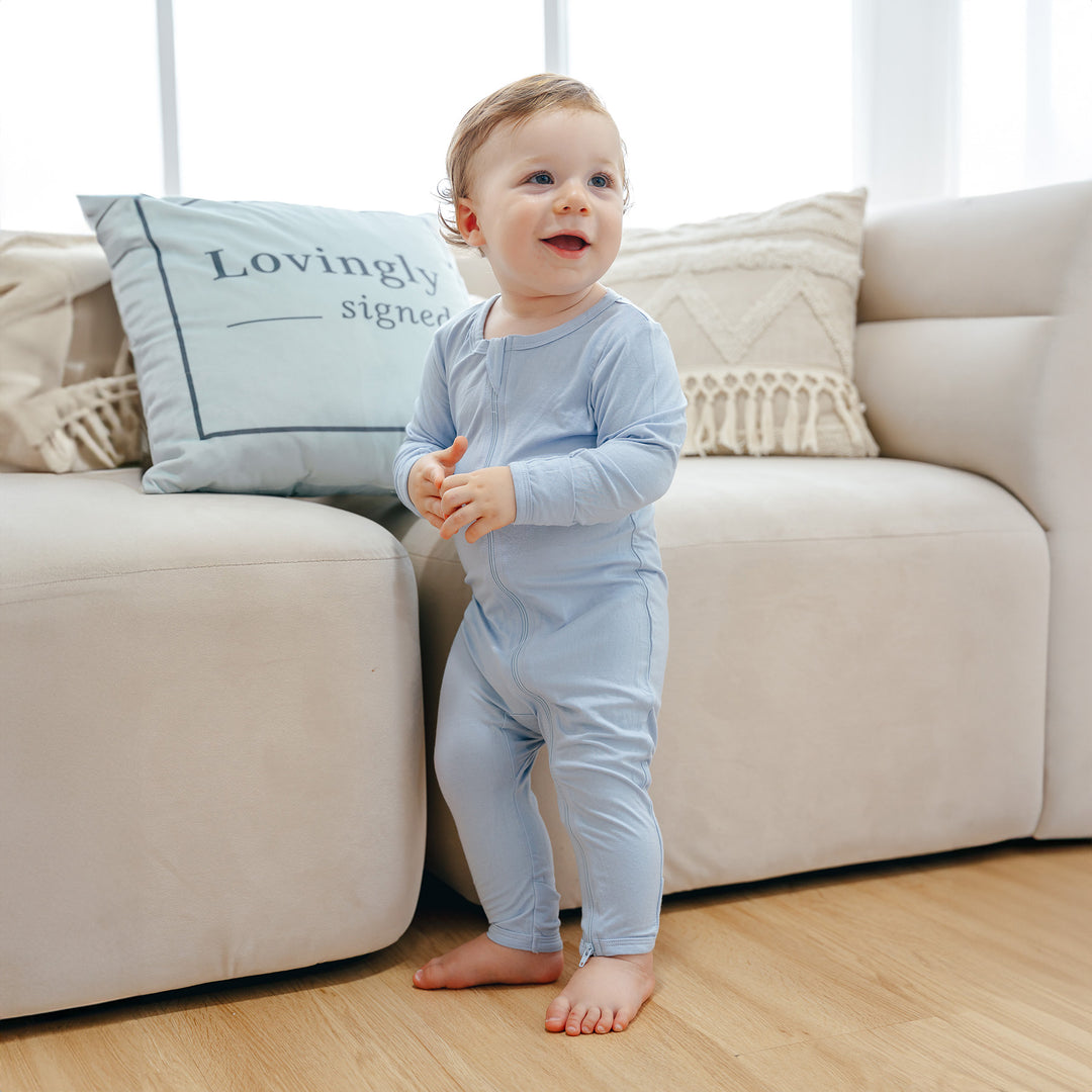 Toddler in Blue Bamboo Long Sleeve Bodysuit Onesie