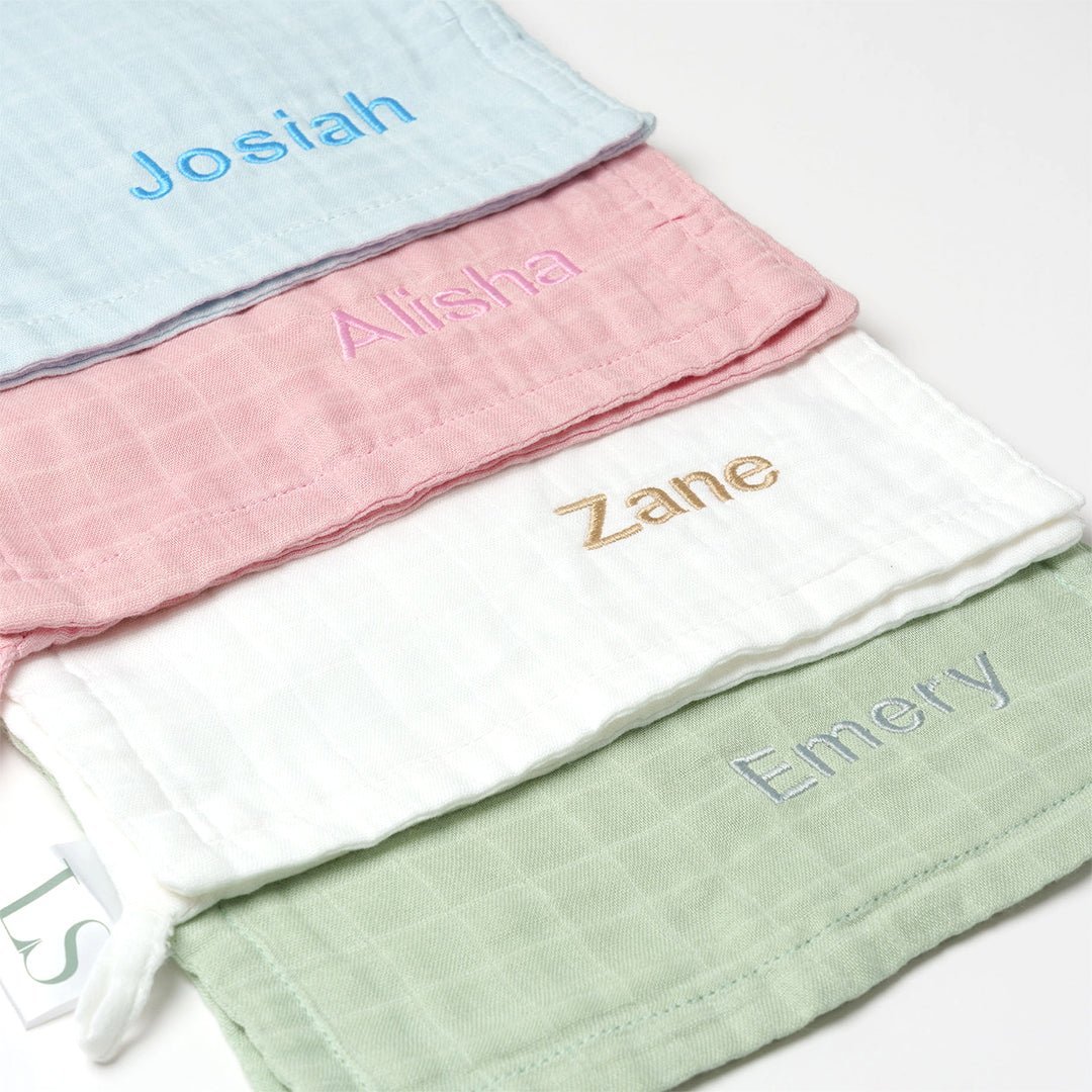 Personalised Bamboo Muslin Cloth in Blue, Pink, White and Green