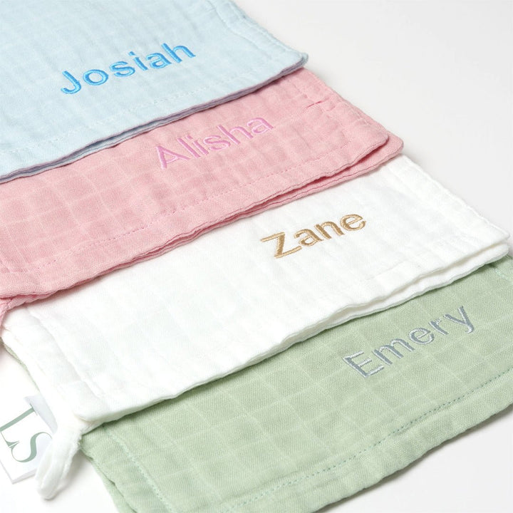 Personalised Bamboo Muslin Cloth in Blue, Pink, White and Green