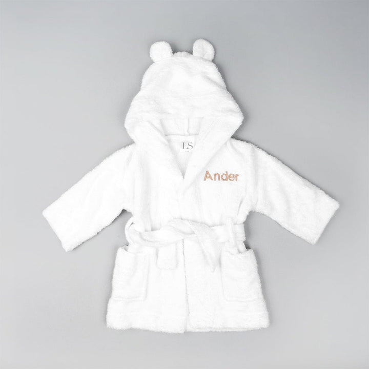 Bamboo White Robe personalised with "Ander" in Beige Thread