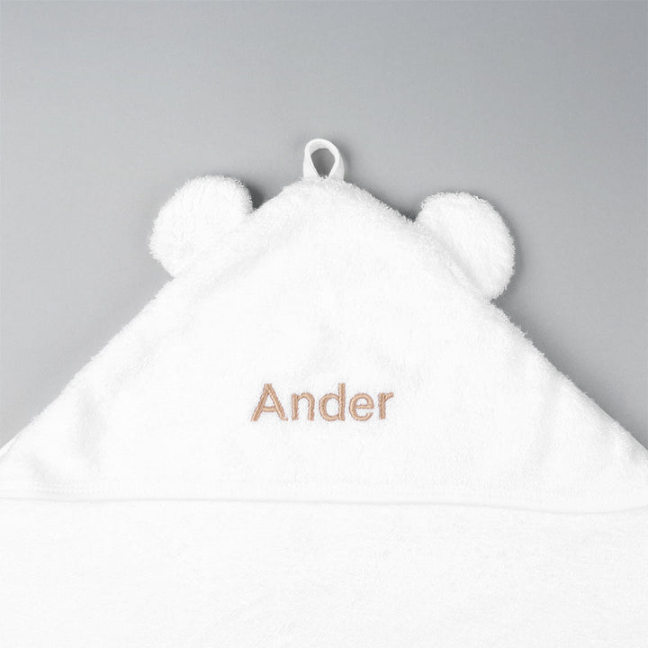 Personalised White Hooded Towel with Ears with "Anders" in Beige Thread