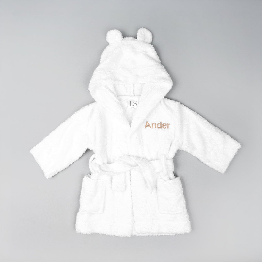 White Bamboo Bathrobe personalised with "Ander" in beige thread