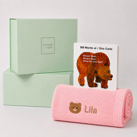 Brown Bear Gift Set - Pink | Baby Hamper with Bamboo Blanket