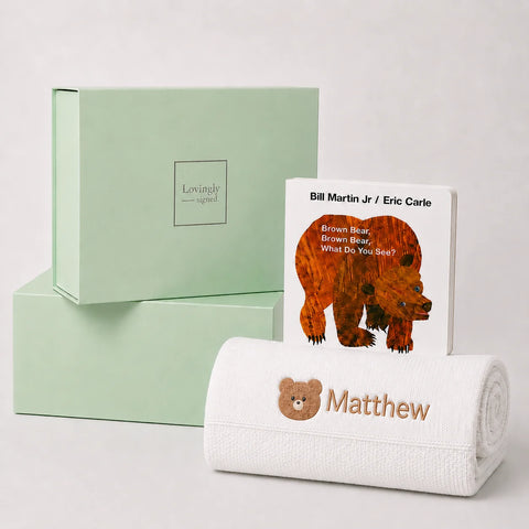 Brown Bear Gift Set - White | Baby Hamper with Bamboo Blanket