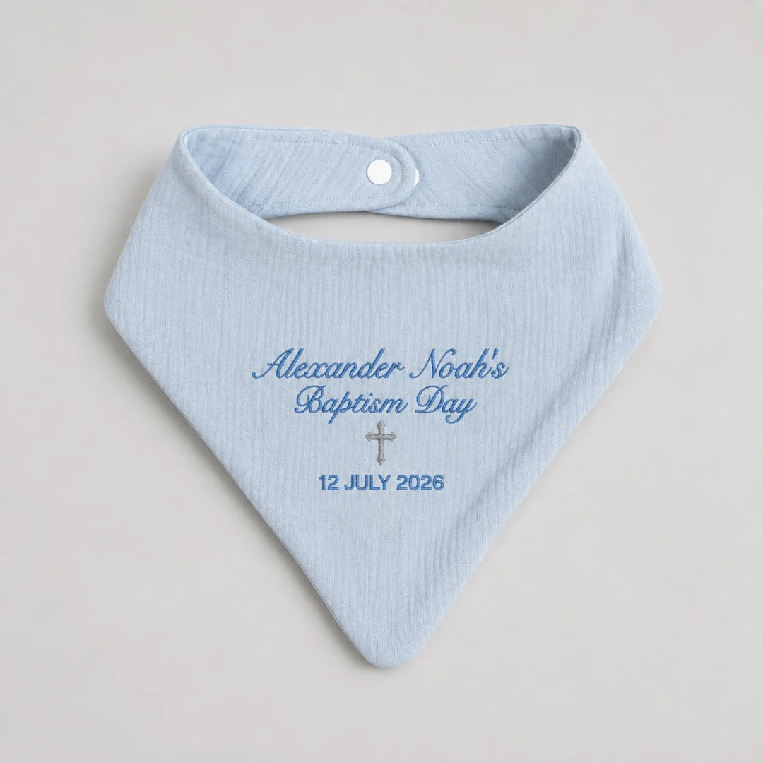 Personalised blue baptism baby bib with embroidered name Alexander Noah, cross and baptism date