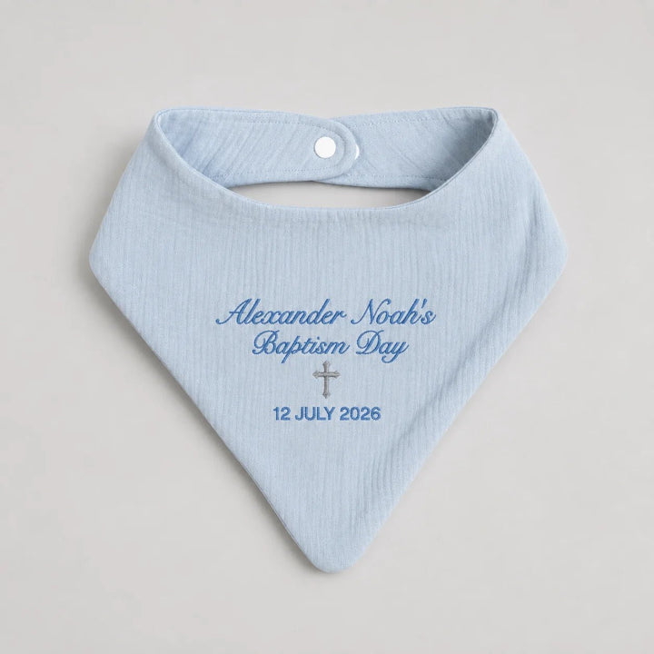 Personalised blue baptism baby bib with embroidered name Alexander Noah, cross and baptism date