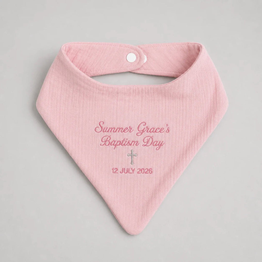 Personalised pink baptism baby bib with embroidered name Summer Grace, cross and baptism date