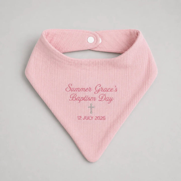 Personalised pink baptism baby bib with embroidered name Summer Grace, cross and baptism date
