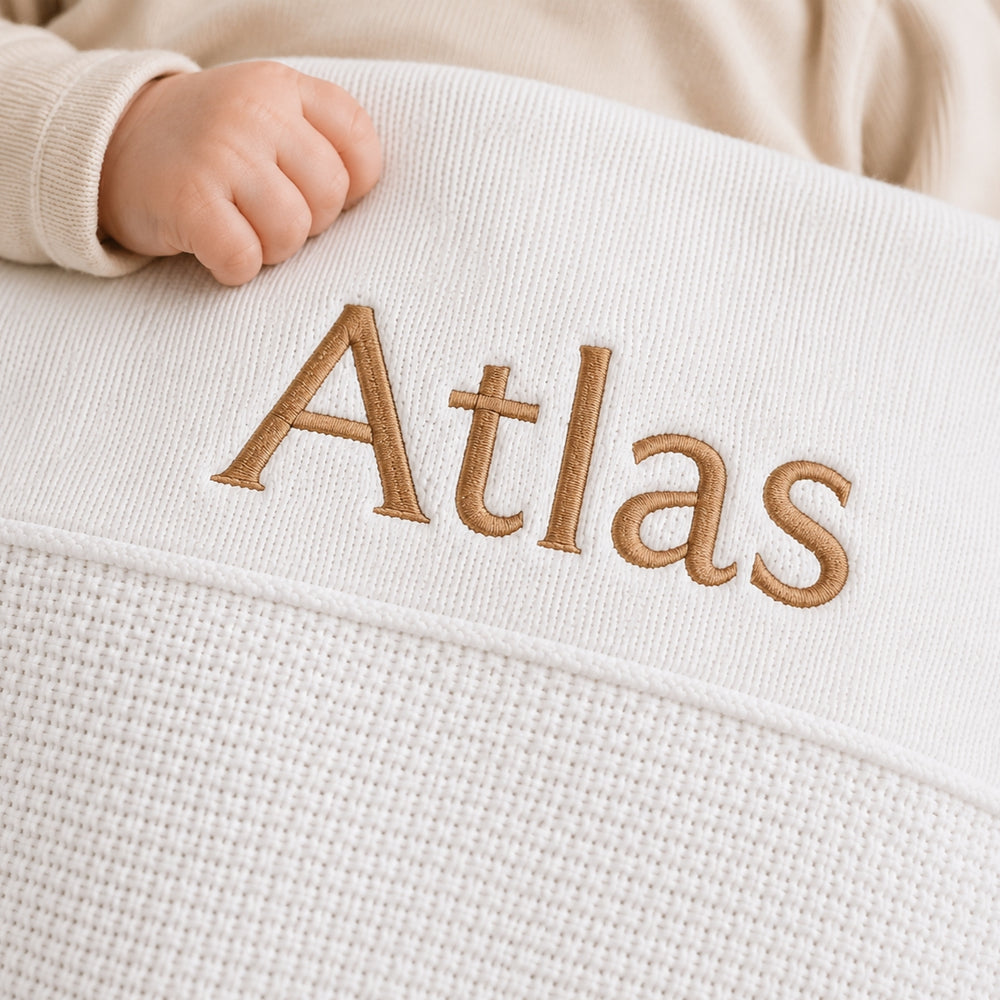 Personalised White Bamboo Cellular Blanket with "Zane" in Beige Thread