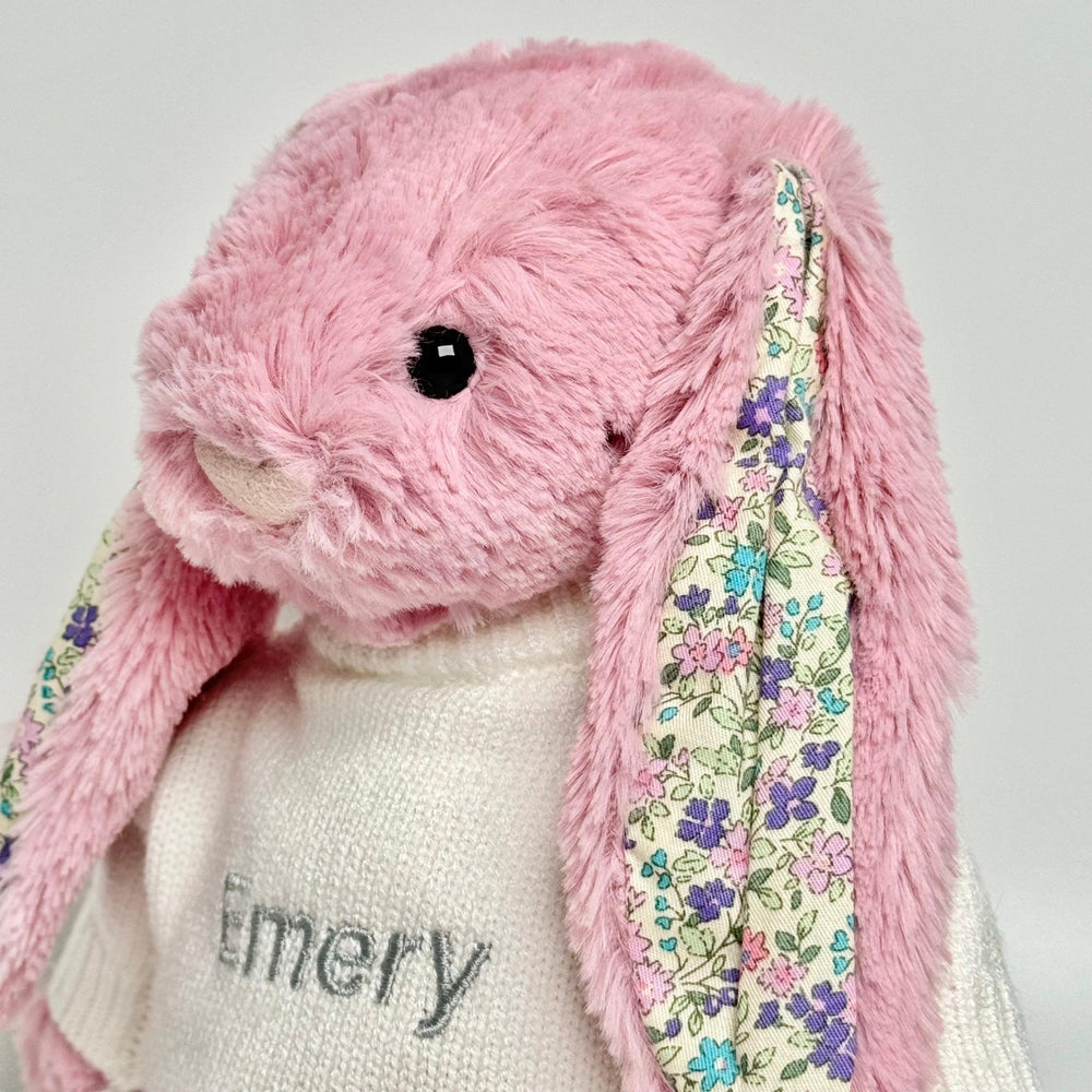 Jellycat Blossom Tulip Bunny in Cream jumper personalised with "Emery"