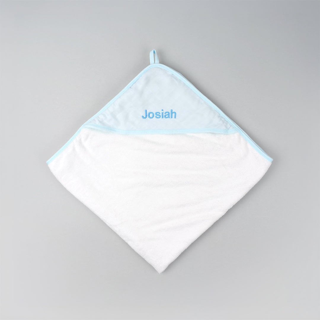 Blue Bamboo Hooded Towel Personalised with "Josiah" in Blue Thread