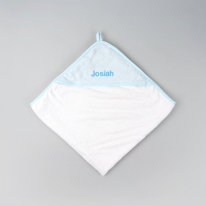 Blue Bamboo Hooded Towel Personalised with "Josiah" in Blue Thread