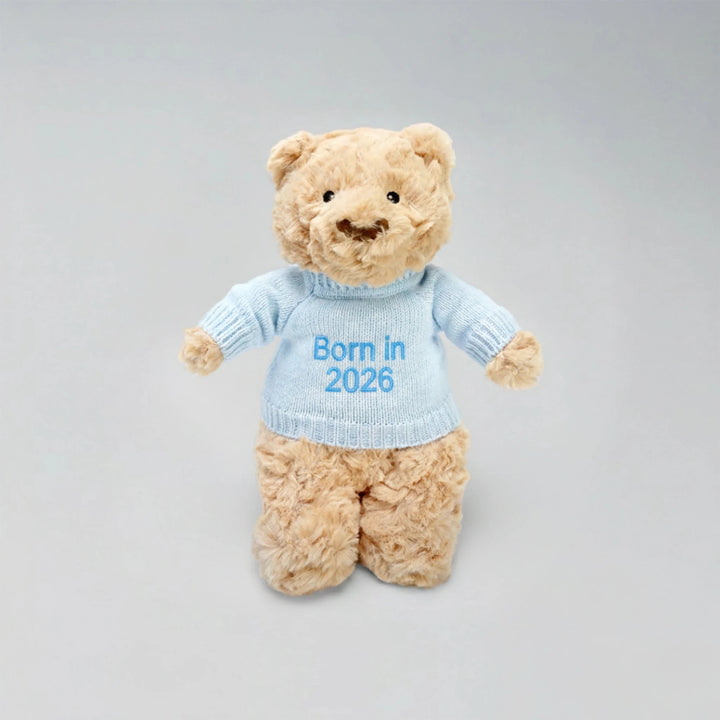 Beige teddy bear wearing a blue sweater with 'Born in 2026' text on a gray background