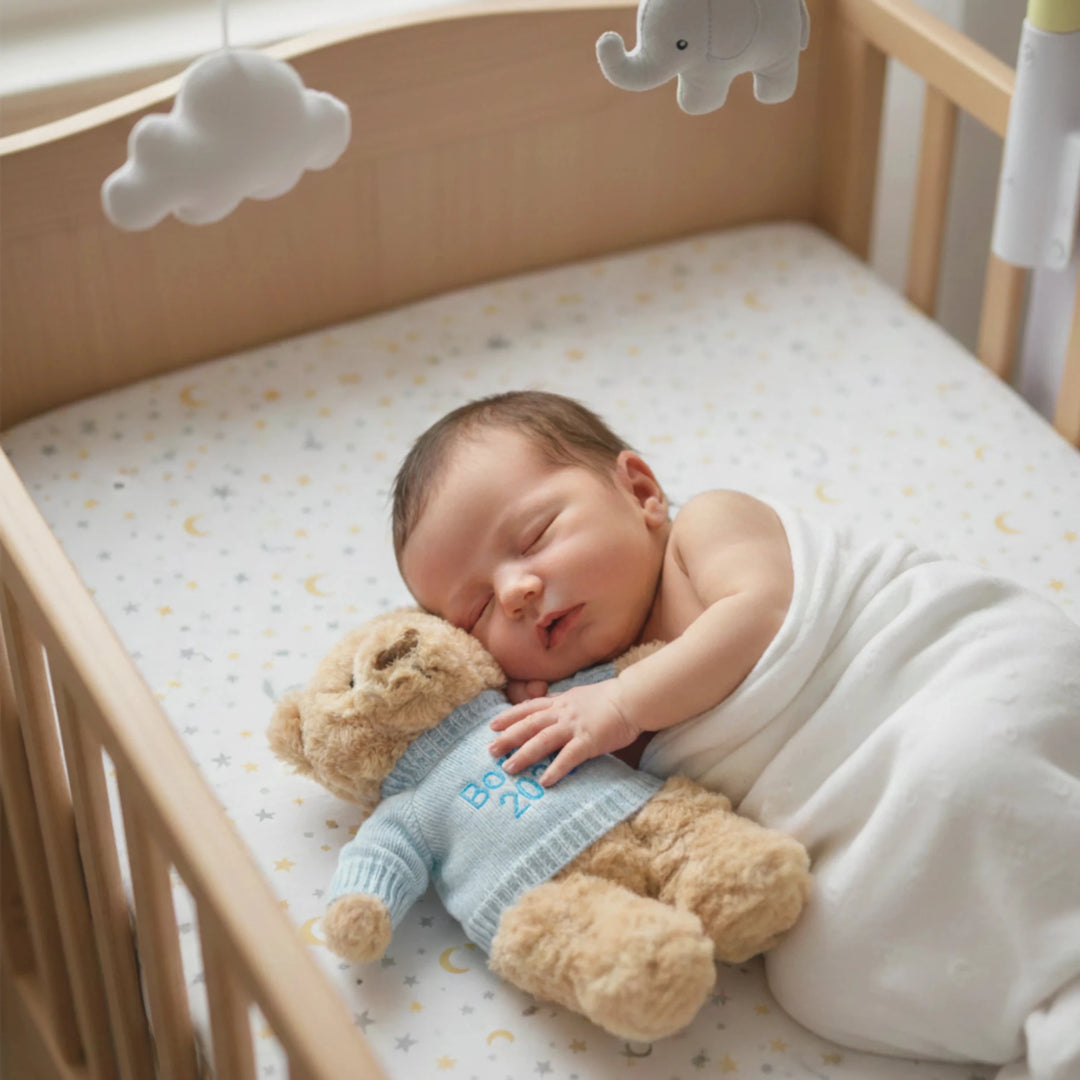 Newborn baby sleeping in a crib with a teddy bear, personalised with "Born in 2026"