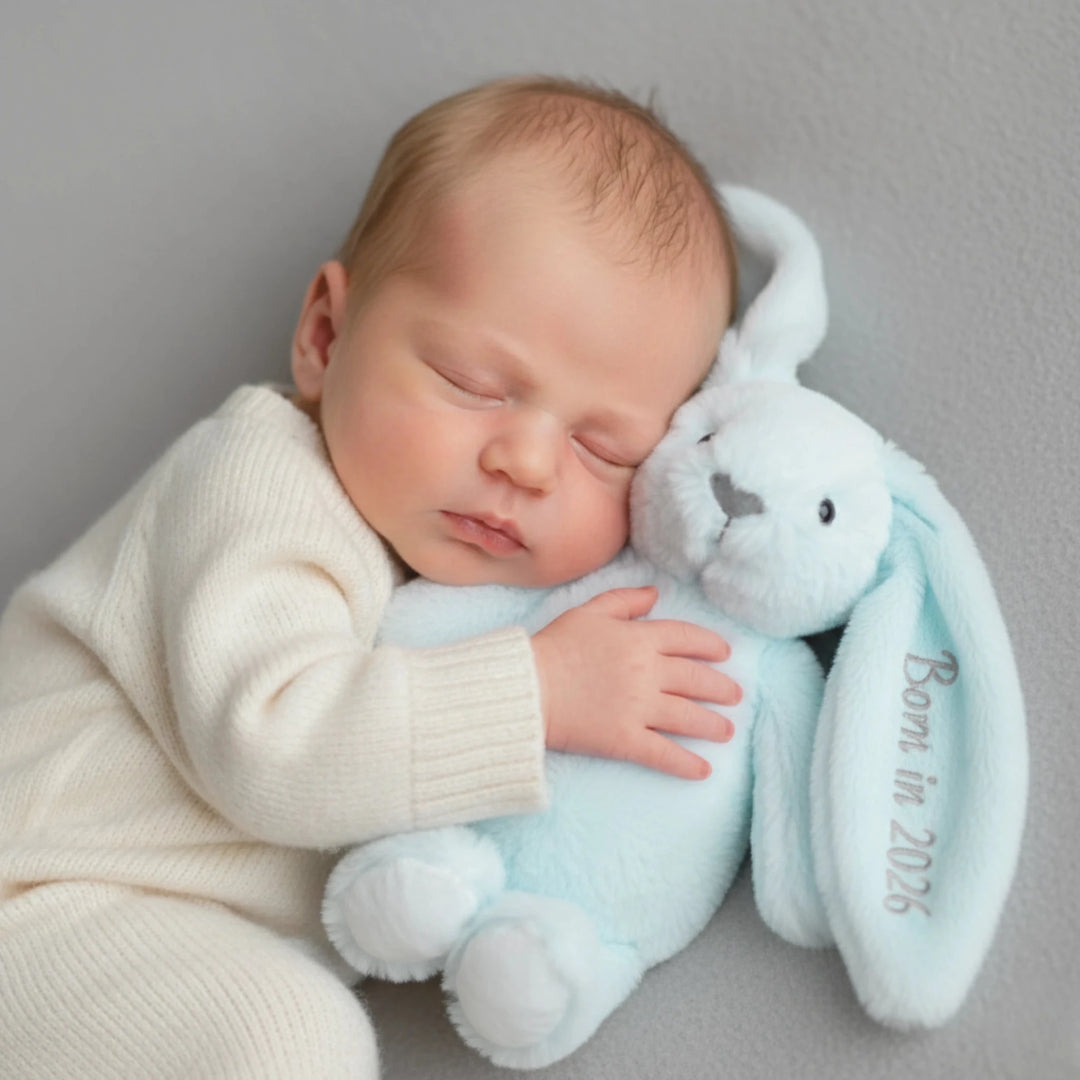 Personalised Twinkle Bunny baby shower gift with “Born in 2026” and custom ear embroidery