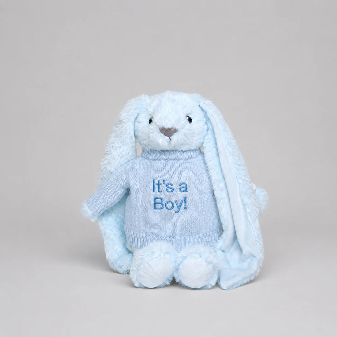 Blue bunny soft toy wearing an “It’s a Boy!” jumper, displayed against a light grey studio background.
