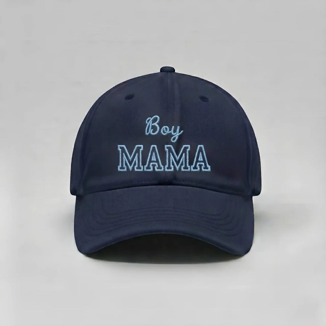 Dark Blue adjustable mama cap with “Boy Mama” block outline phrase