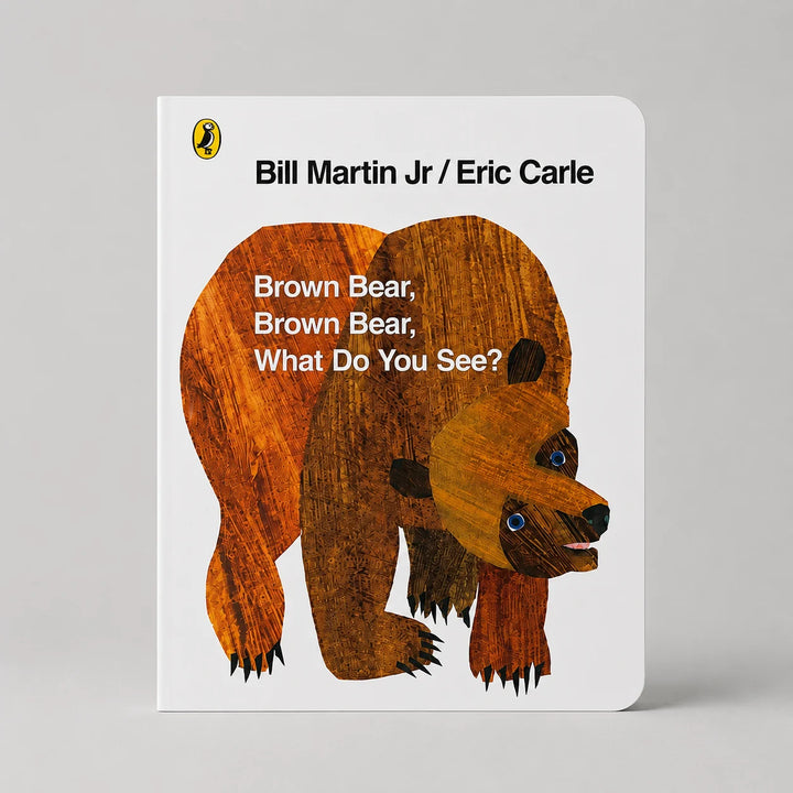 Book cover of 'Brown Bear, Brown Bear, What Do You See?' by Bill Martin Jr. and Eric Carle on a gray background