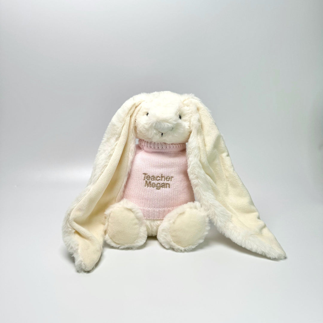 Personalised Twinkle Bunny with Pink Jumper and "Teacher Megan" in beige thread