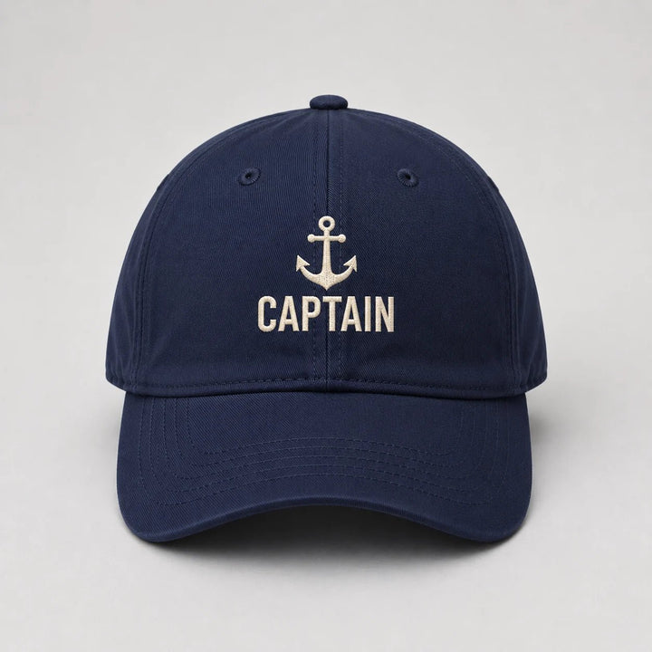 Navy blue cap with 'CAPTAIN' and anchor emblem on a light gray background