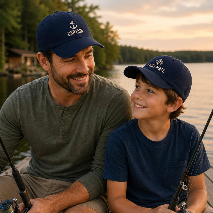 Man and child wearing 'Captain' and 'First Mate' hats, sitting by a lake.