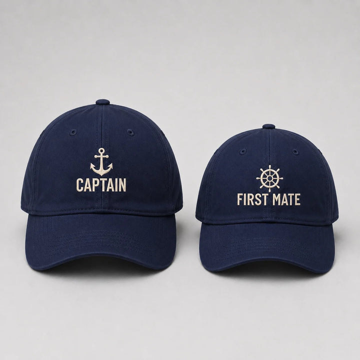 Two navy blue caps with 'Captain' and 'First Mate' text and symbols on a light gray background