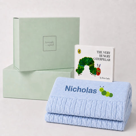 Very Hungry Caterpillar Gift Set - Blue | Baby Hamper with Cable Knit Blanket