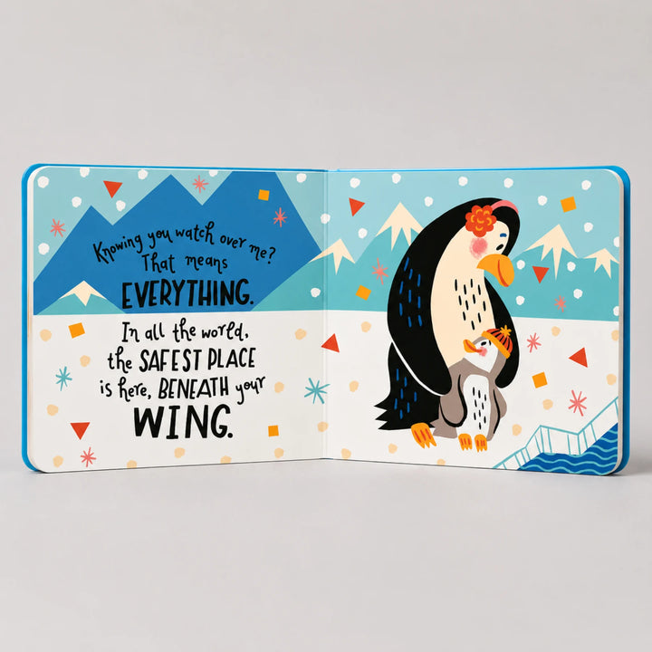 Open book with a penguin illustration and text on a light gray background